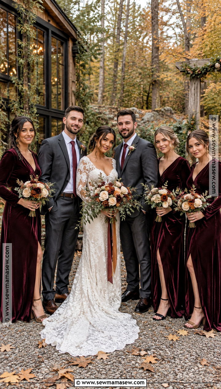 Burgundy Velvet Fall Boho Wedding Party Attire - 15 fall boho wedding party attire ideas