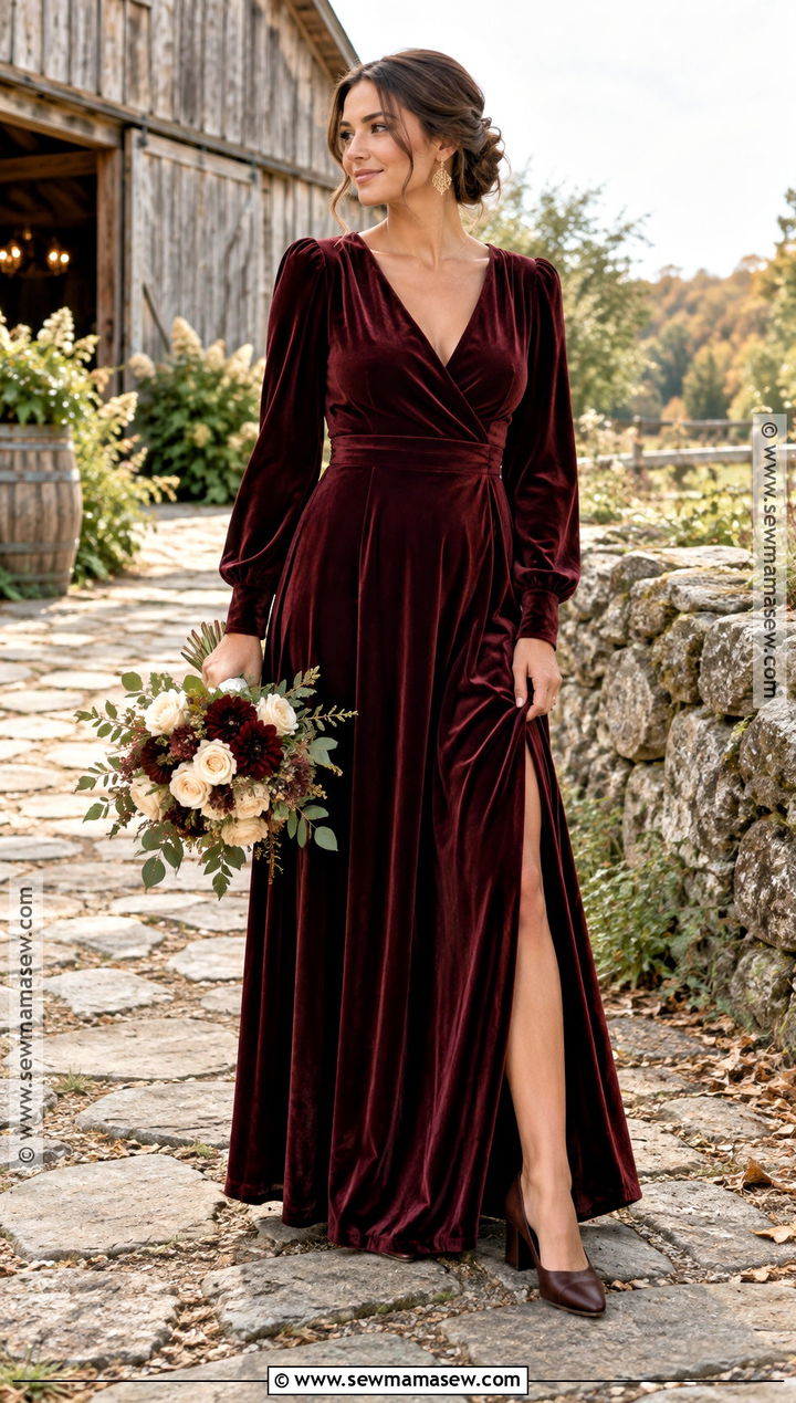 Burgundy Velvet Fall Bridesmaid Dress - 15 rustic fall wedding ideas autumn october bridesmaid dresses