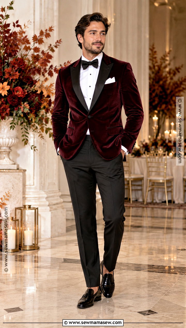 Burgundy Velvet Fall Wedding Tuxedo - 20 fall wedding tux groom attire ideas