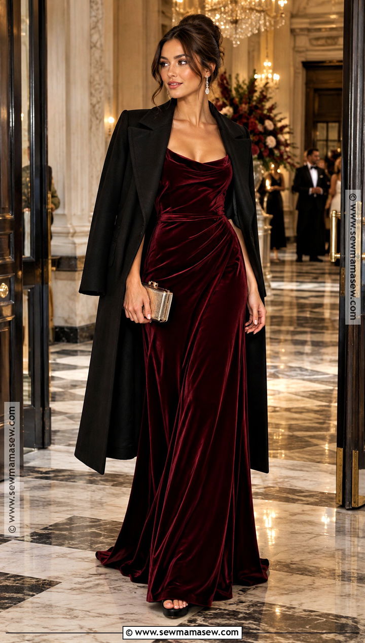 Burgundy Velvet Gown Fall Wedding Guest Outfit - 25 wedding guest outfit fall ideas