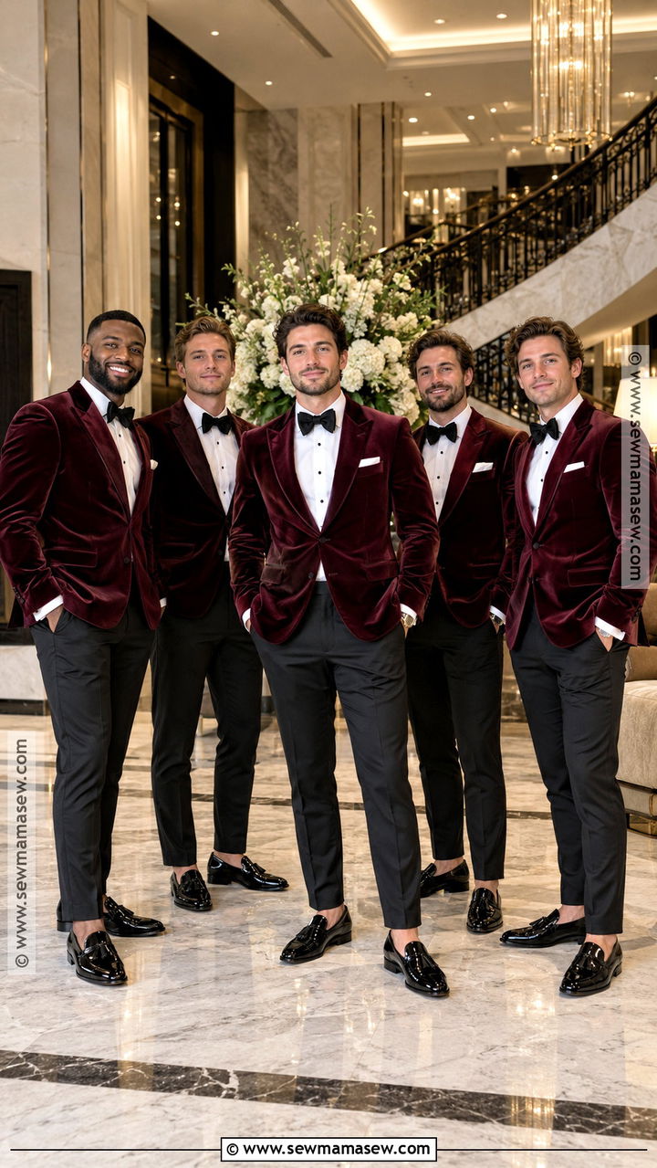 Burgundy Velvet Groomsmen Blazers With Black Trousers - 20 groomsmen attire fall ideas