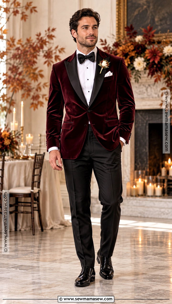 Burgundy Velvet Groomsmen Tuxedo Jacket - 25 fall groomsmen attire ideas