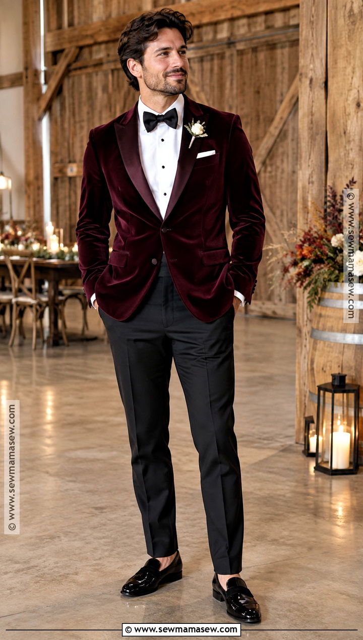 Burgundy Velvet Jacket Fall Groom Attire - 15 fall groom attire rustic ideas