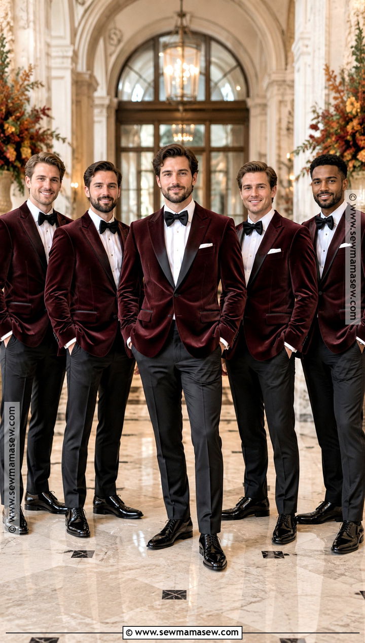 Burgundy Velvet Jacket Groomsmen Attire for a Fall Wedding - 20 groomsmen attire fall wedding ideas