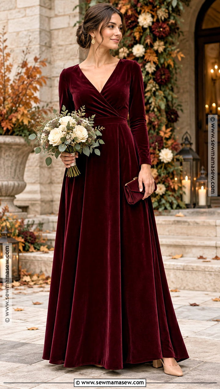 Burgundy Velvet Long Sleeve Bridesmaid Dress - 15 Fall Bridesmaid Dresses With Sleeves