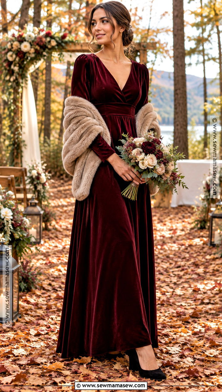 Burgundy Velvet Long Sleeve Bridesmaid Dress - 15 Fall Outdoor Wedding Bridesmaid Dresses