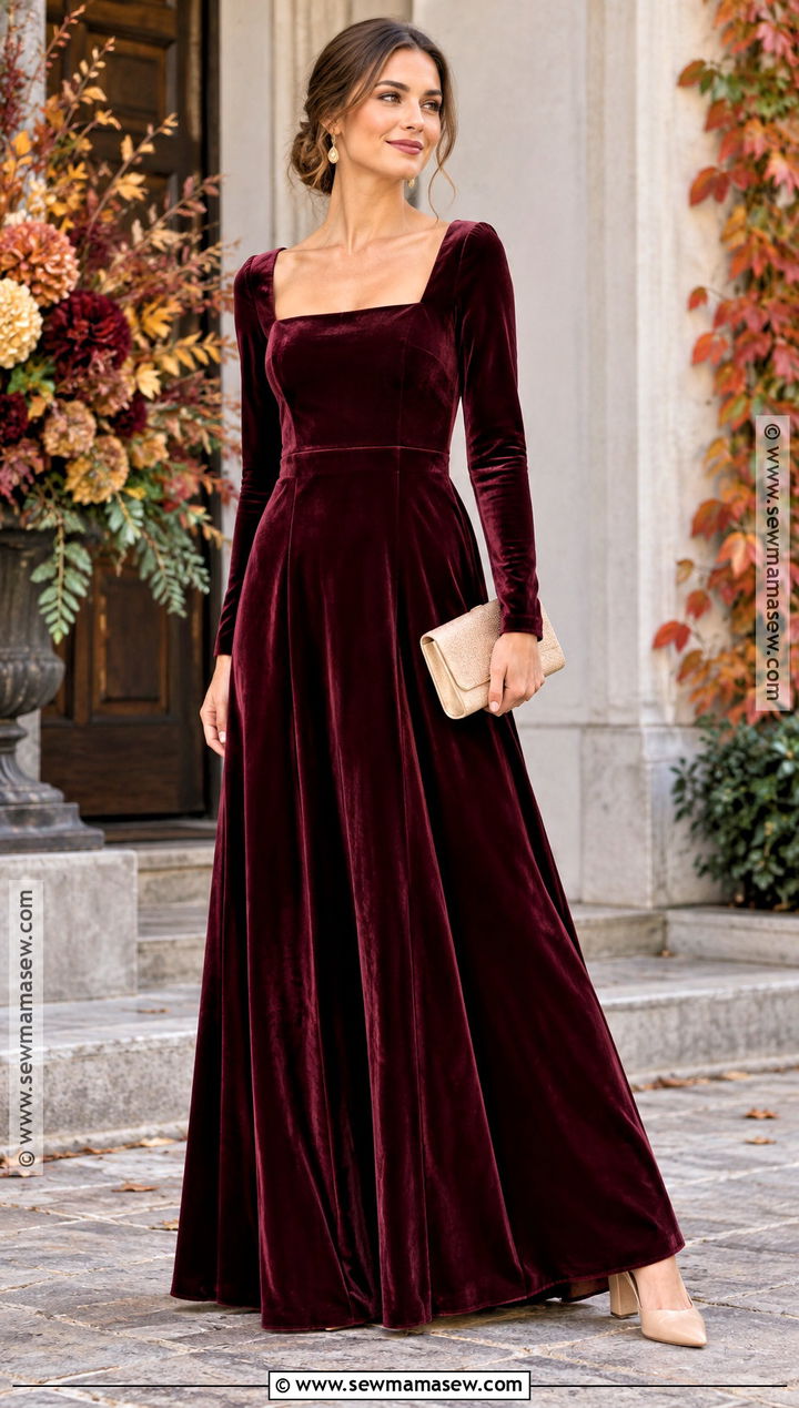 Burgundy Velvet Long Sleeve Bridesmaid Dress - 20 fall bridesmaid dresses burgundy
