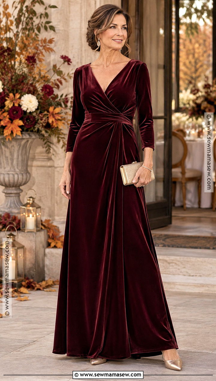 Burgundy Velvet Long Sleeve Mother Of The Bride Dress - 15 Mother Of The Bride Dresses Autumn