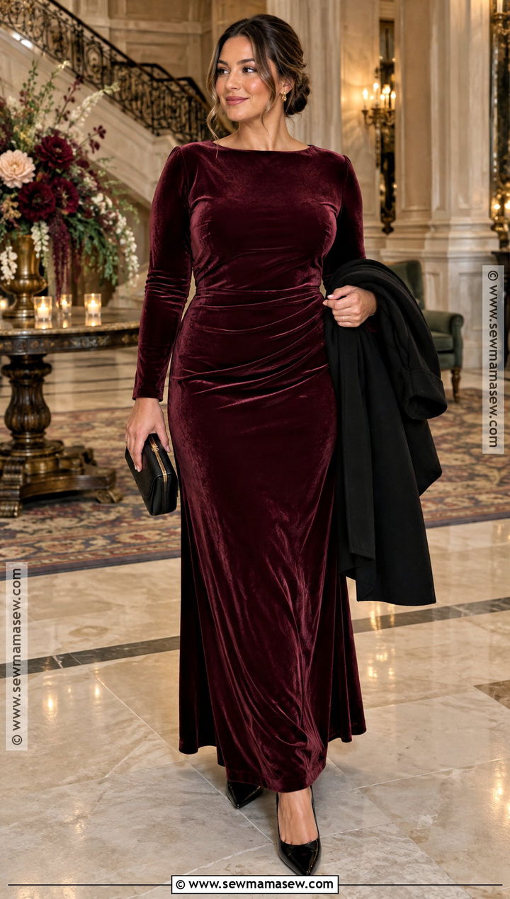 Burgundy Velvet Long Sleeve Wedding Guest Dress - 15 formal wedding dresses for guest fall
