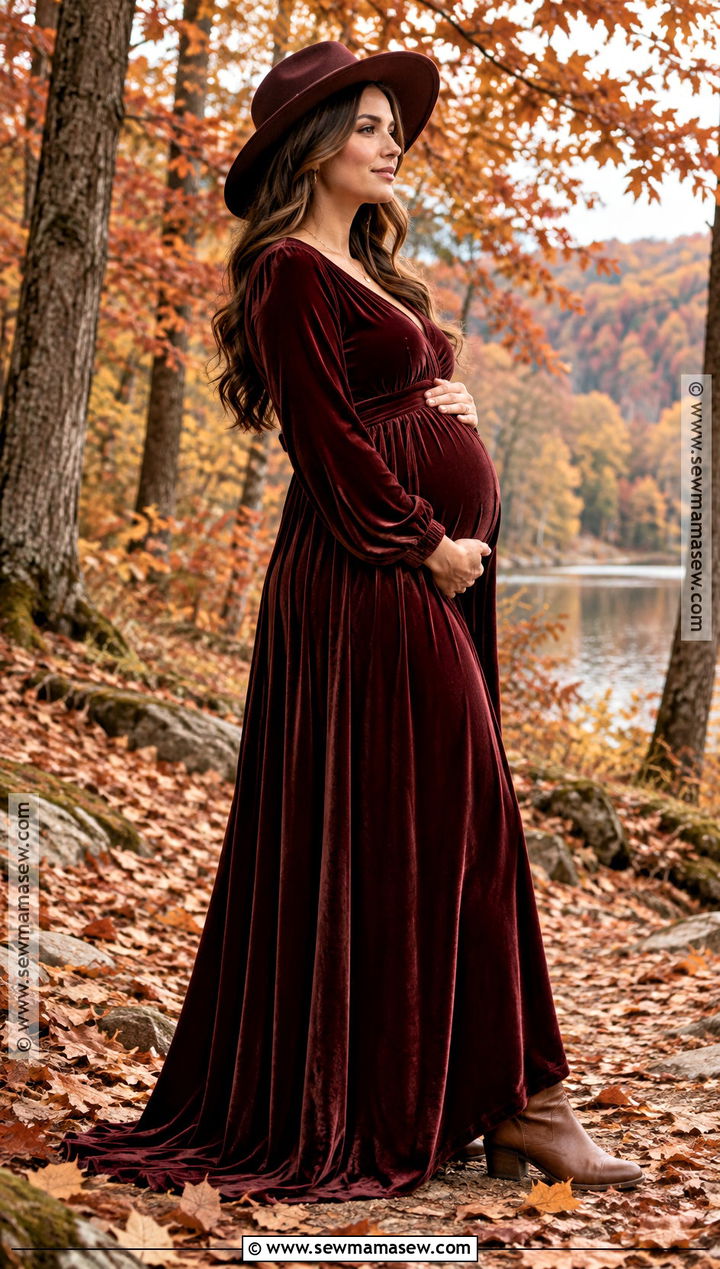 Burgundy Velvet Maternity Gown With Wide Brim Hat - 15 fall maternity photos with hat ideas
