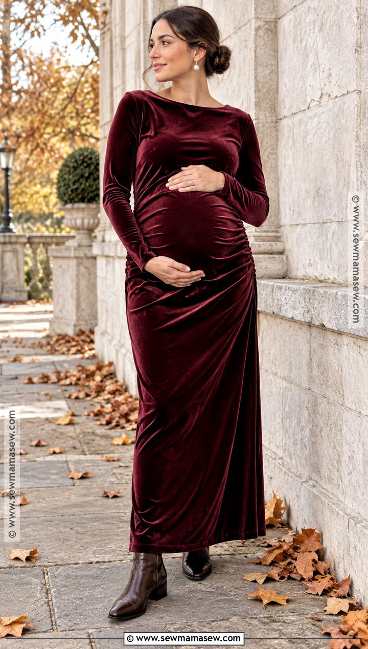 Burgundy Velvet Maternity Maxi Dress - 15 fall maternity dresses for photoshoot