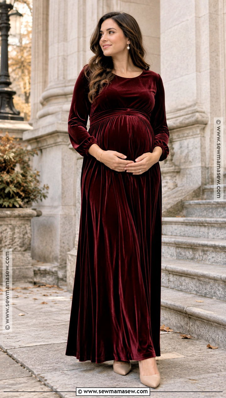 Burgundy Velvet Maxi Dress Maternity Photoshoot Outfit - 20 November Maternity Photoshoot Outfits