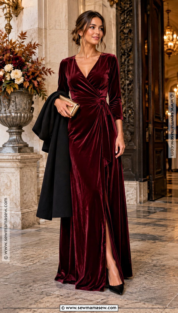 Burgundy Velvet Maxi Dress Outfit - 15 Formal Fall Wedding Guest Outfit Ideas
