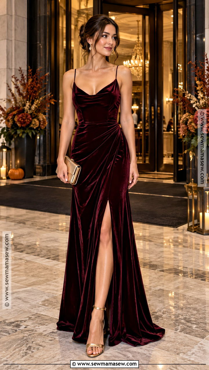 Burgundy Velvet Maxi Dress With Gold Heels - 25 fall formal outfits