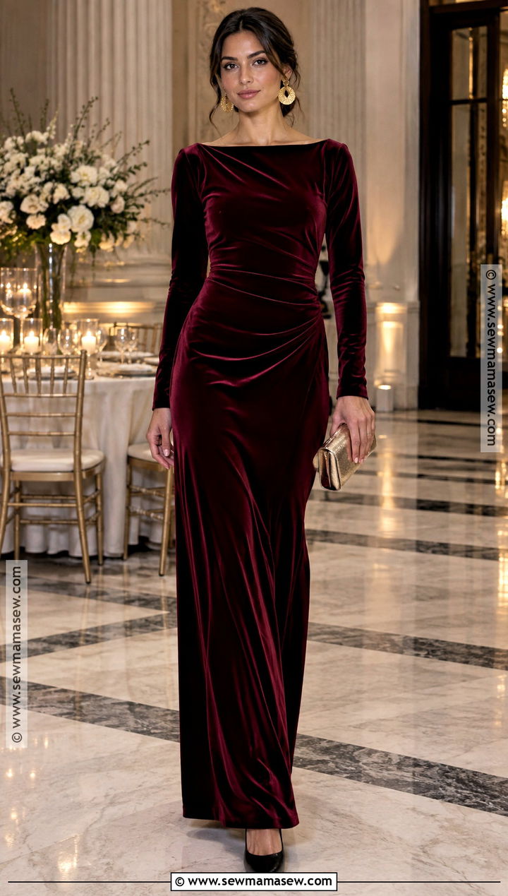 Burgundy Velvet Maxi October Wedding Guest Outfit - 25 october wedding guest outfits
