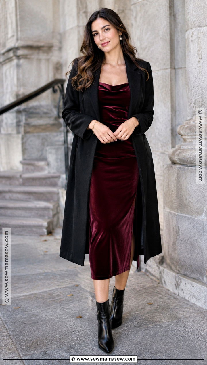 Burgundy Velvet Midi Dress Engagement Photo Outfit - 15 november engagement photos outfits
