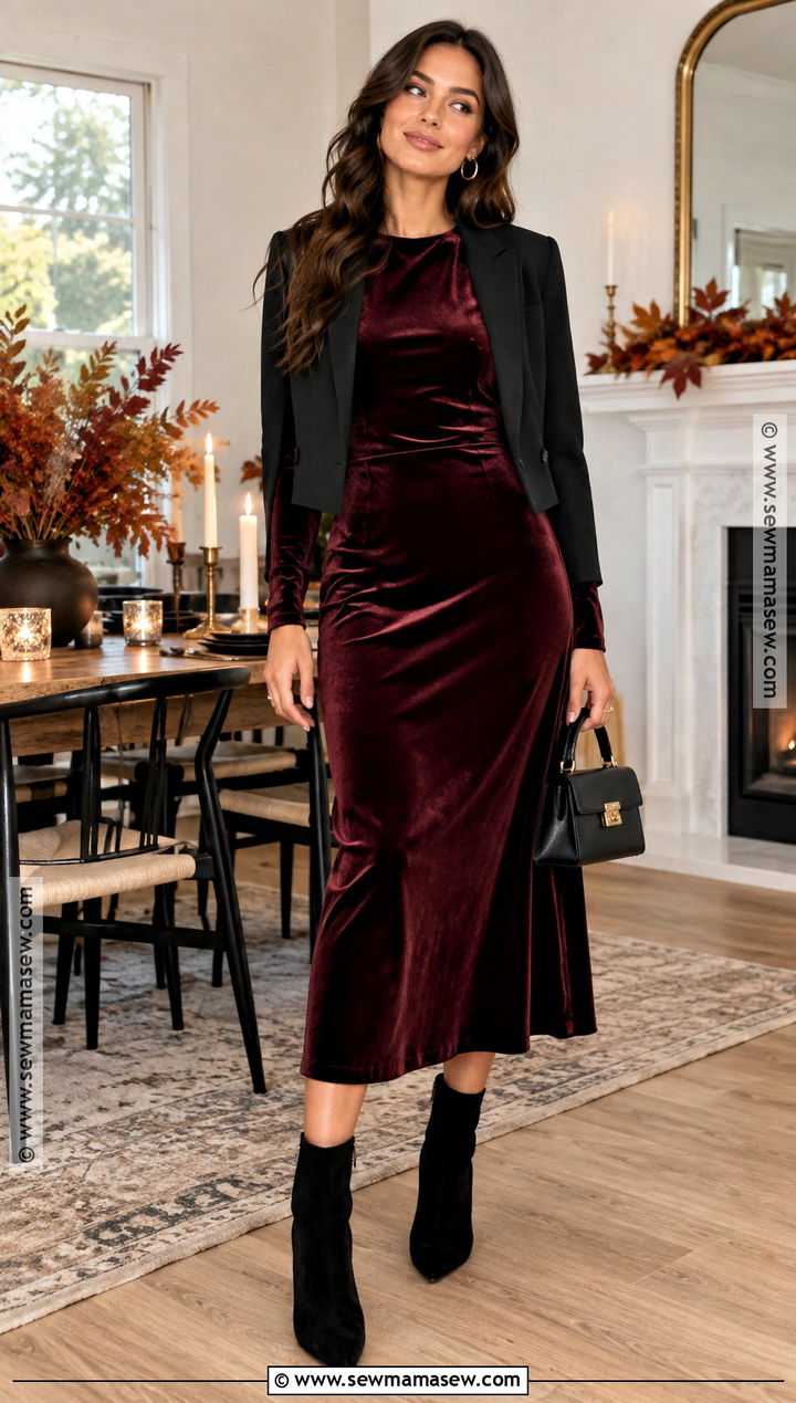 Burgundy Velvet Midi Dress Fall Outfit - 15 festive fall outfits