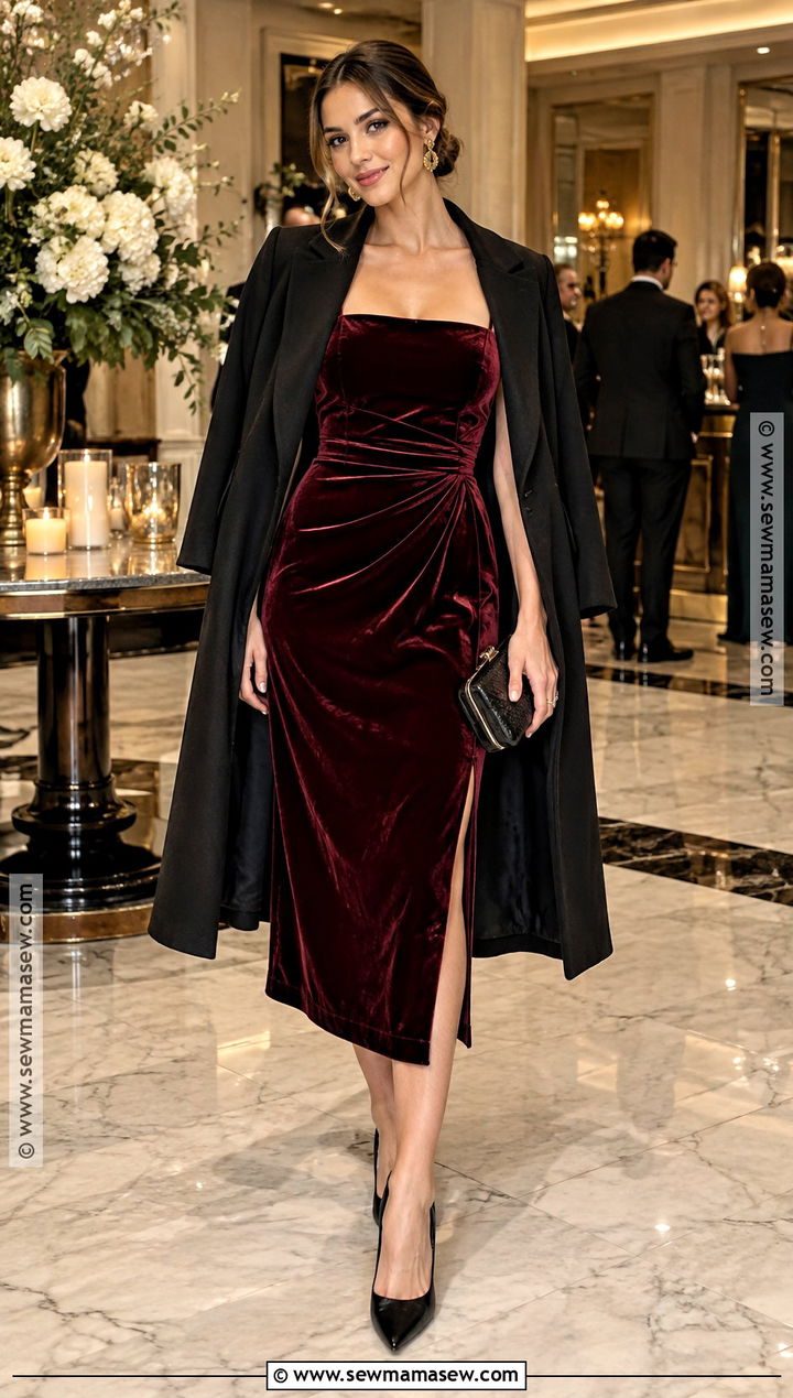 Burgundy Velvet Midi Dress Fall Wedding Guest Outfit - 15 Fall Family Wedding Outfits Guest