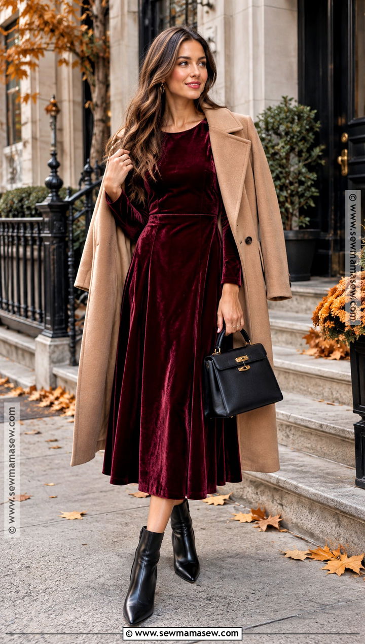 Burgundy Velvet Midi Dress Outfit - 15 Fall Themed Dresses
