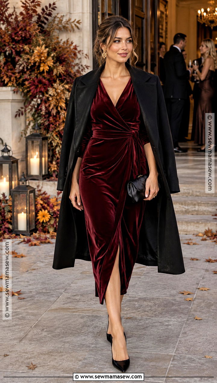 Burgundy Velvet Midi Dress Outfit - 15 fall wedding guest cocktail attire ideas