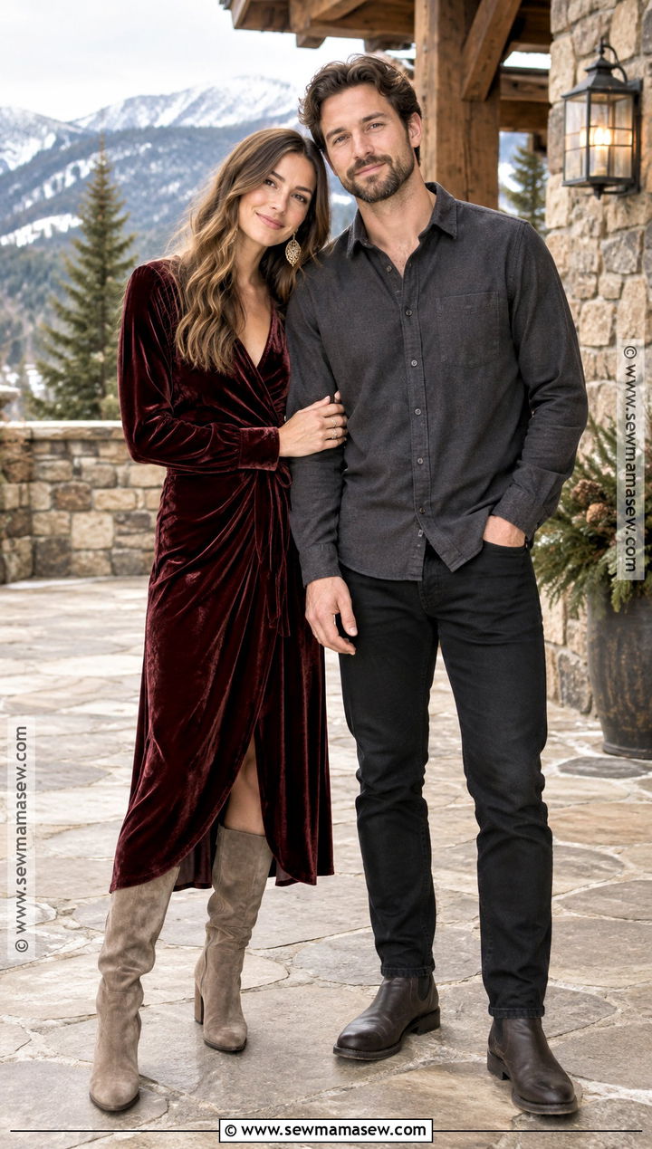 Burgundy Velvet Midi Dress With Boots - 15 boho engagement photos outfits fall