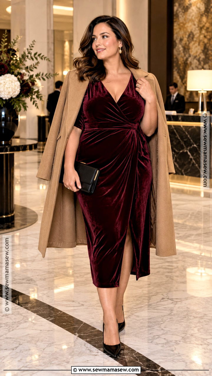 Burgundy Velvet Midi Fall Cocktail Outfit - 20 fall cocktail outfit ideas