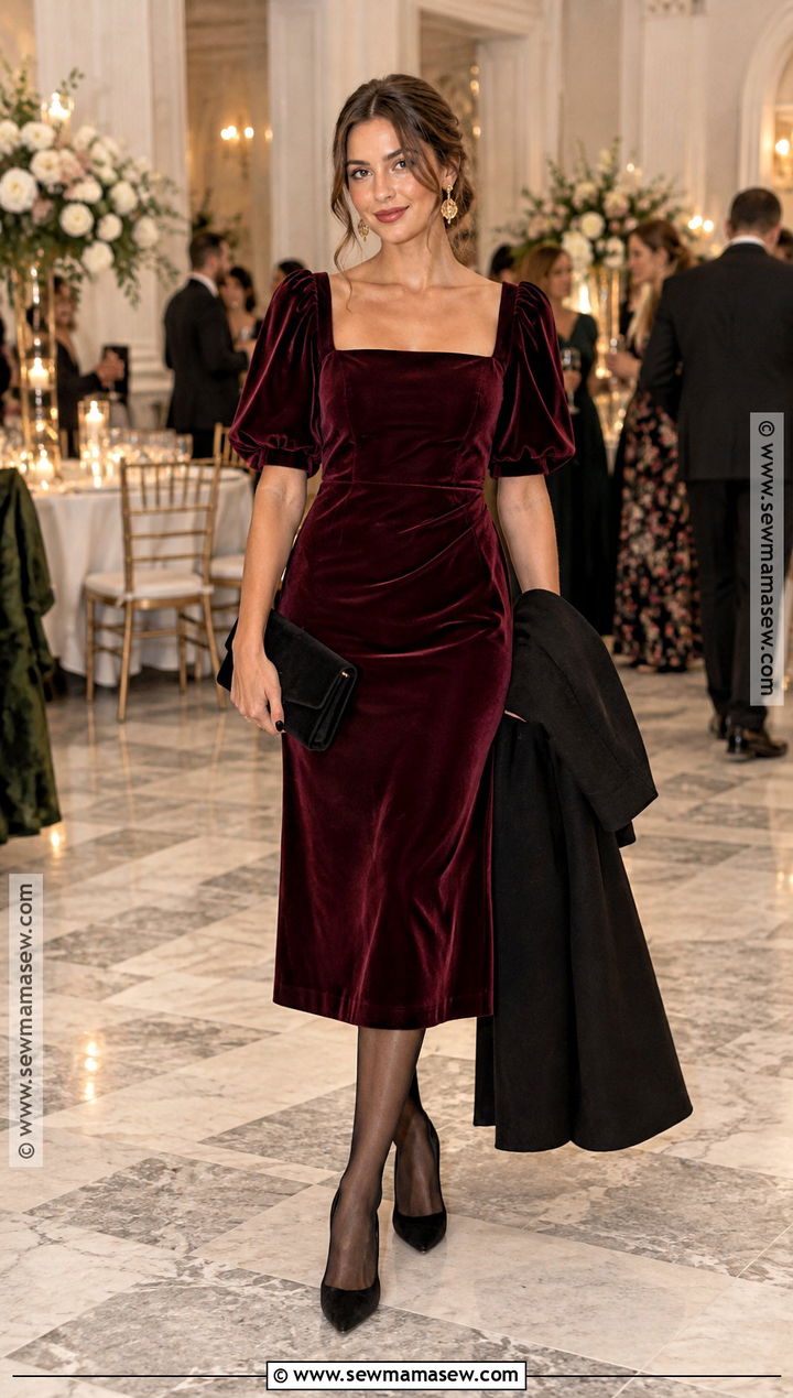 Burgundy Velvet Midi Wedding Guest Dress - 25 wedding guest dress autumn ideas