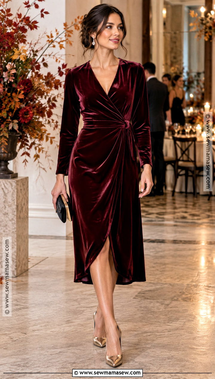 Burgundy Velvet Midi Wedding Guest Outfit - 20 wedding guest autumn outfit ideas