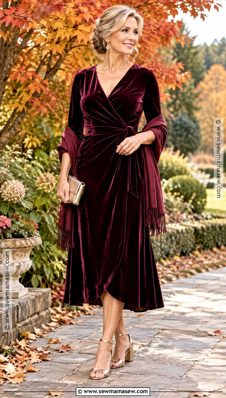 Burgundy Velvet Mother of the Groom Dress With Gold Heels - 20 mother of the groom dresses for fall outdoor