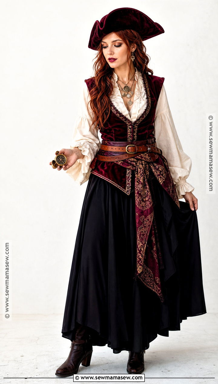 Burgundy Velvet Pirate Costume - 30 cute pirate costume ideas for women