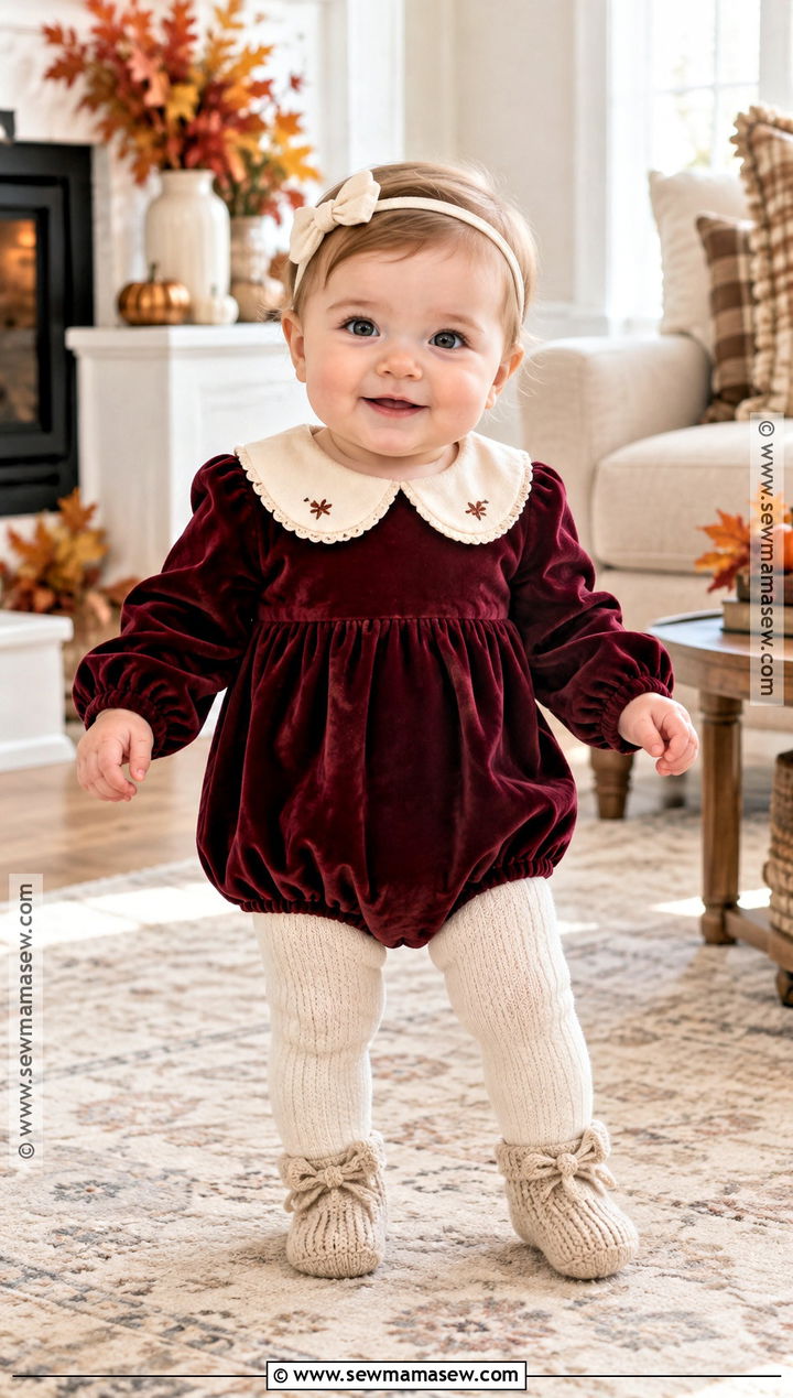 Burgundy Velvet Romper And Tights - 15 newborn first thanksgiving outfit ideas
