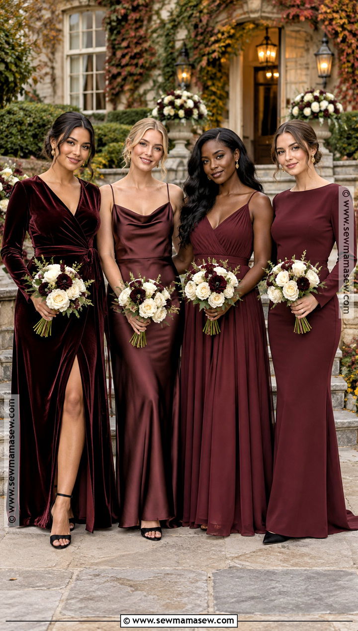 Burgundy Velvet Satin And Chiffon Bridesmaid Dresses - 15 fall mixed bridesmaid dresses