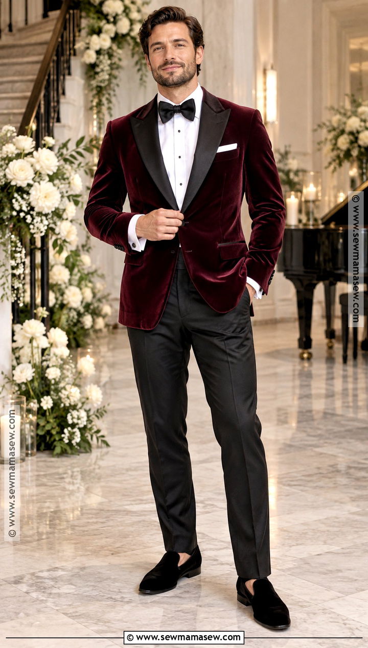 Burgundy Velvet Tuxedo Groom Outfit - 15 groom outfit fall wedding ideas