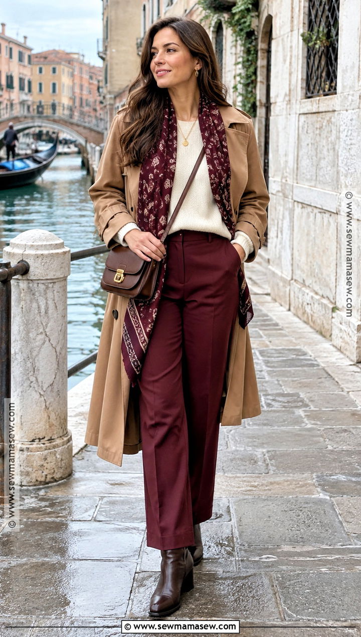 Burgundy Venice Fall Outfit With Neutral Layers - 15 Venice Italy Fall Outfits