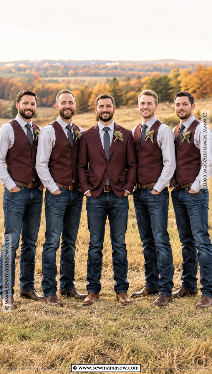 Burgundy Vest Groomsmen Attire With Blue Jeans - 15 groomsmen attire fall wedding jeans