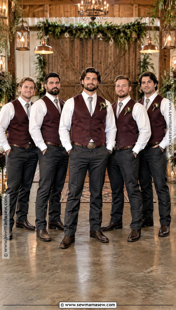 Burgundy Vest With Charcoal Pants - 15 fall wedding groomsmen attire western ideas