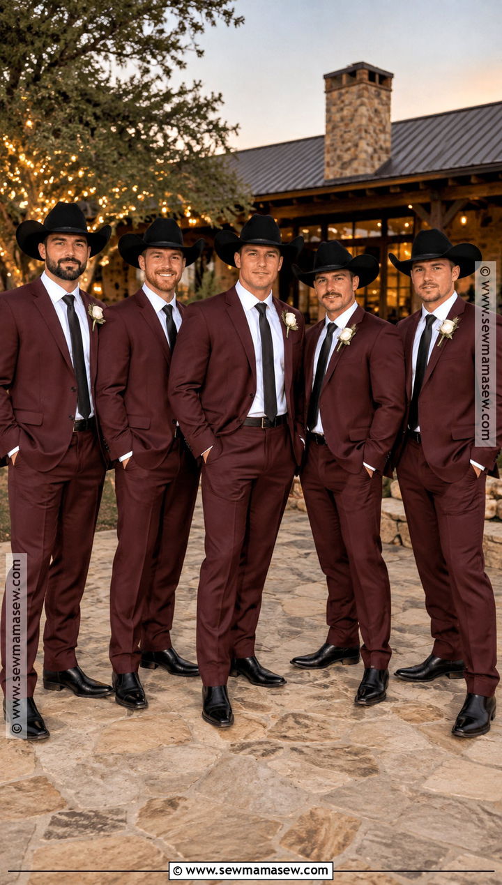 Burgundy Western Groomsmen Suits With Black Boots - 15 fall western groomsmen attire ideas