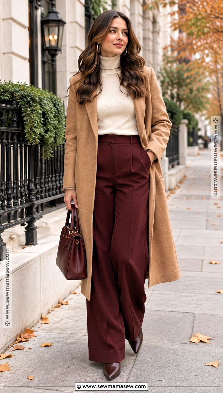 Burgundy Wide Leg Pants And Camel Coat - 15 Burgundy Outfit Ideas Fall
