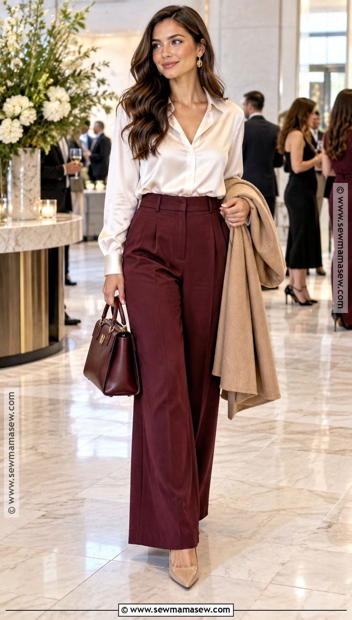 Burgundy Wide Leg Pants And Satin Blouse Cocktail Outfit - 20 fall cocktail party outfit ideas