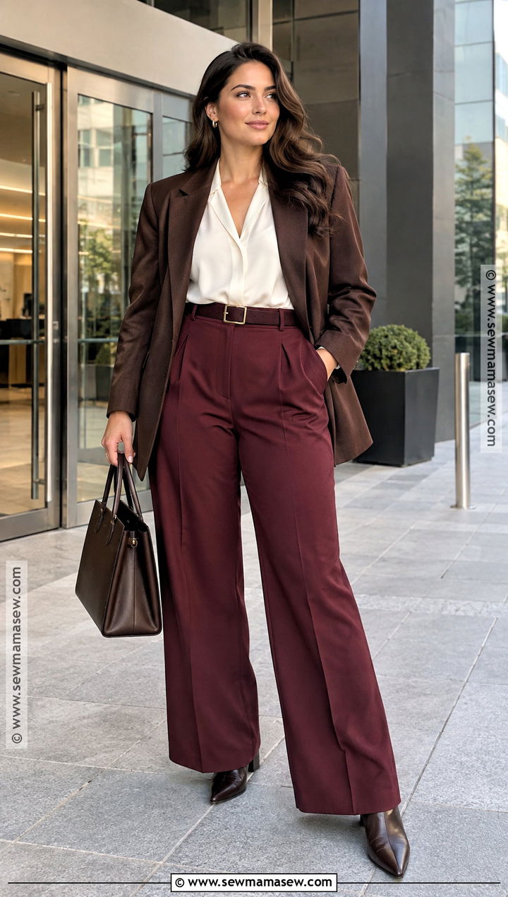 Burgundy Wide Leg Pants With Blouse And Blazer - 15 fall fashion wide-leg pants