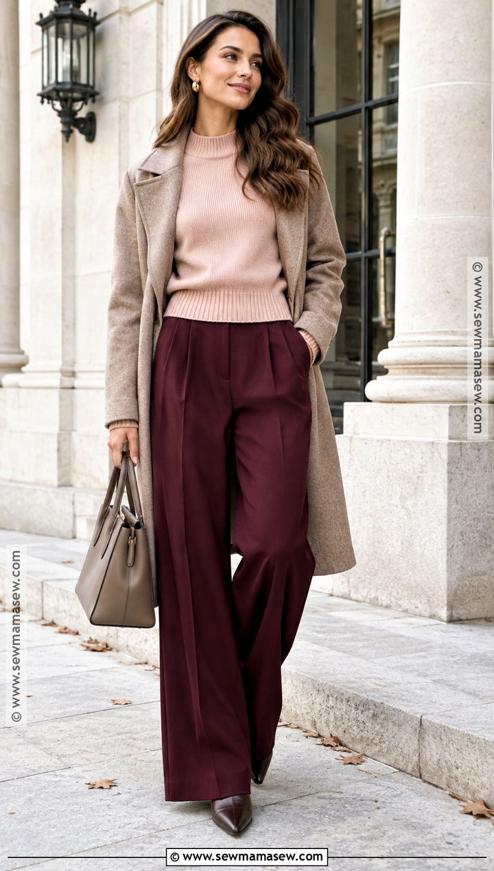 Burgundy Wide Leg Pants With Blush Sweater And Boots - 20 wide leg pants fall outfit