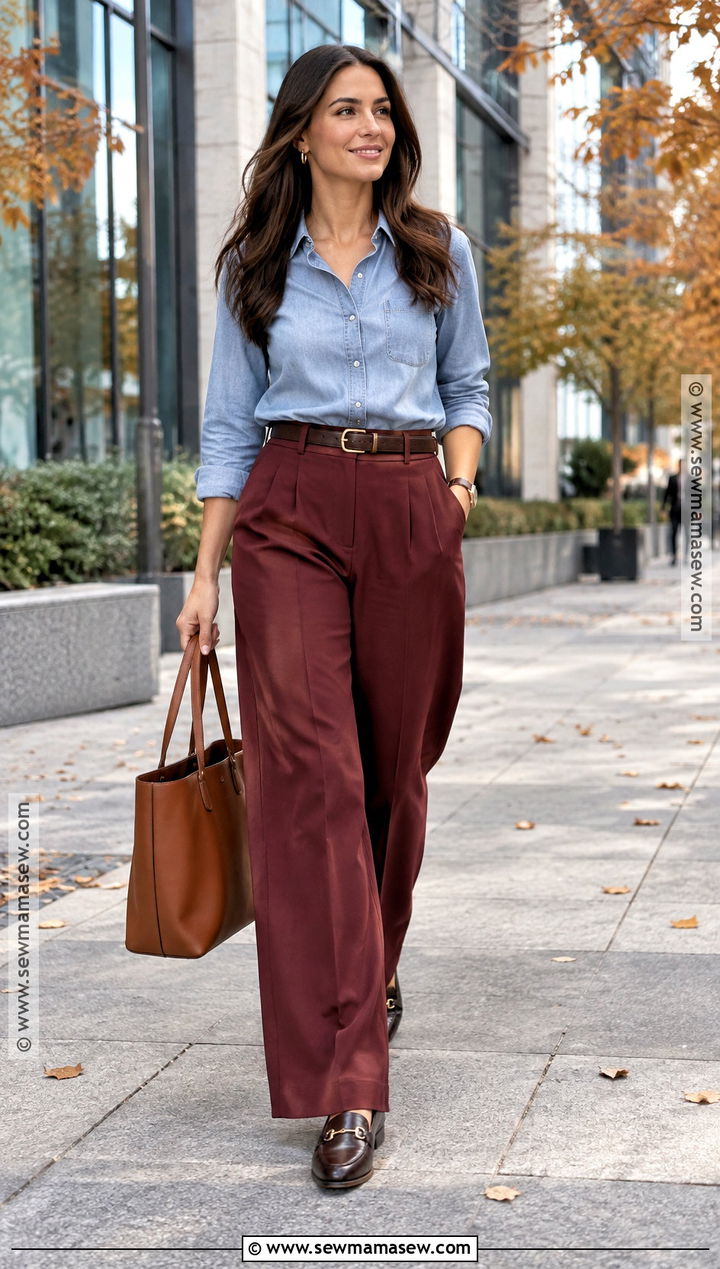 Burgundy Wide Leg Trousers With Denim Shirt - 25 burgundy fall outfits