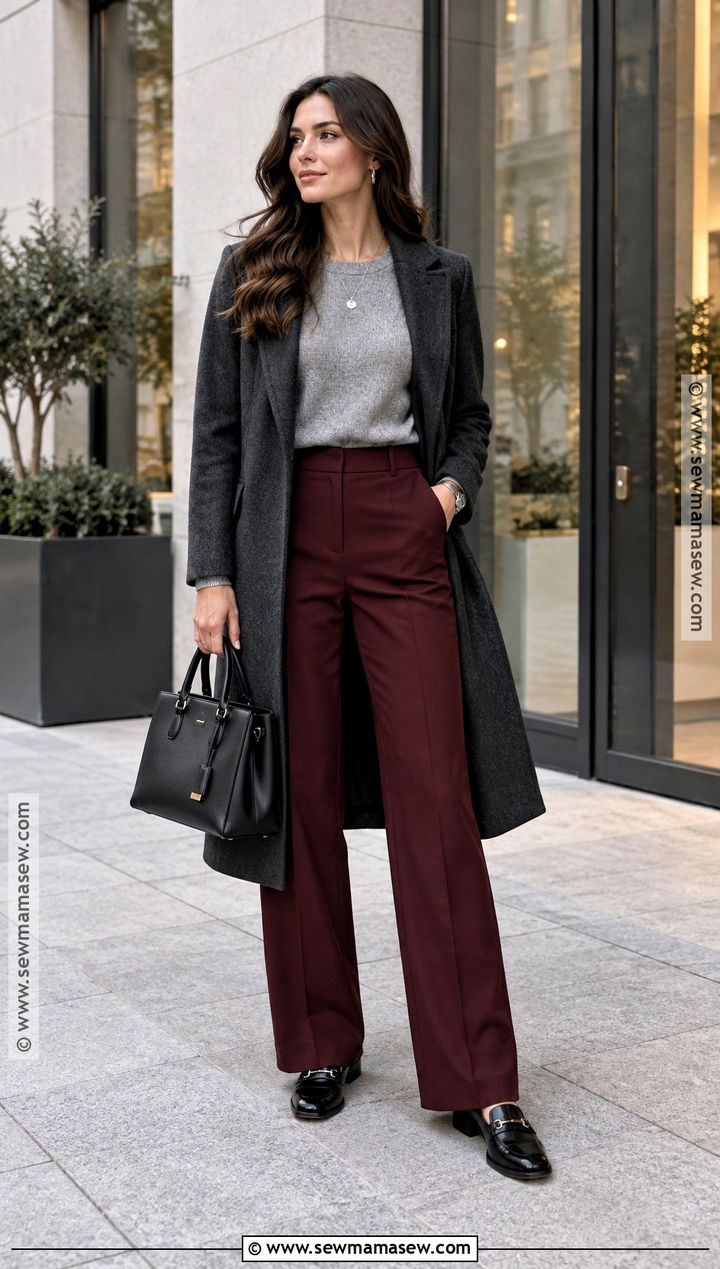 Burgundy Wide Leg Trousers With Gray Sweater And Loafers - 15 wide leg trousers fall outfit ideas
