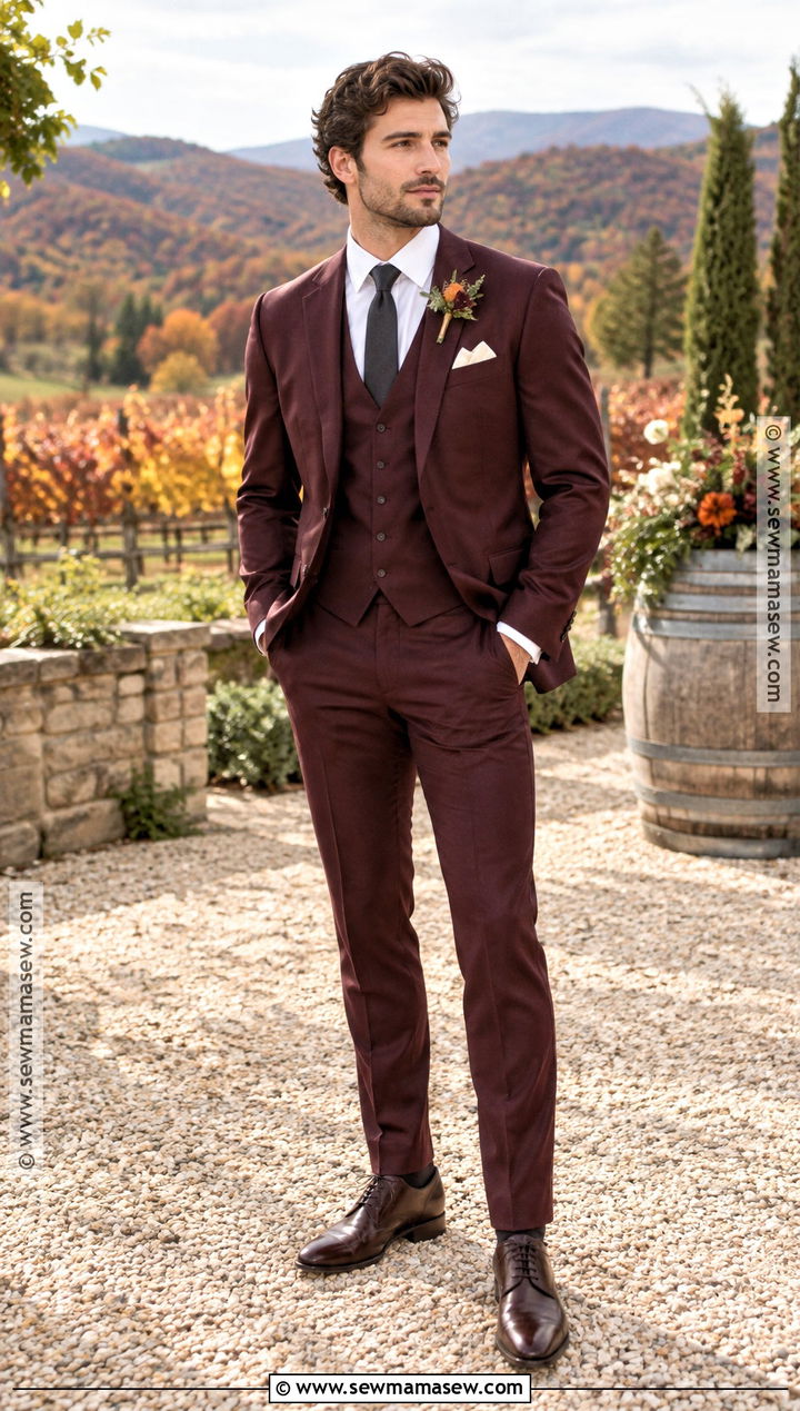 Burgundy Wool Groom Suit - 15 groom attire fall wedding ideas