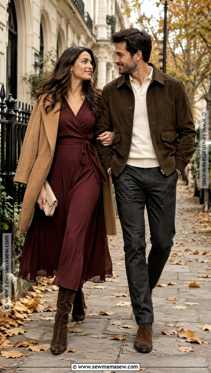Burgundy Wrap Dress And Camel Coat - 20 november engagement pictures outfit ideas