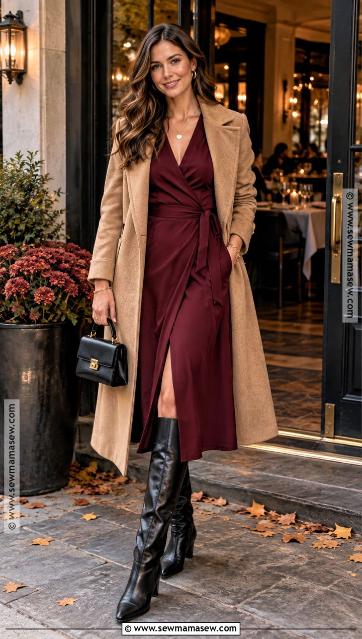 Burgundy Wrap Dress And Knee High Boots Fall Dinner Outfit - 20 dinner fall outfit ideas