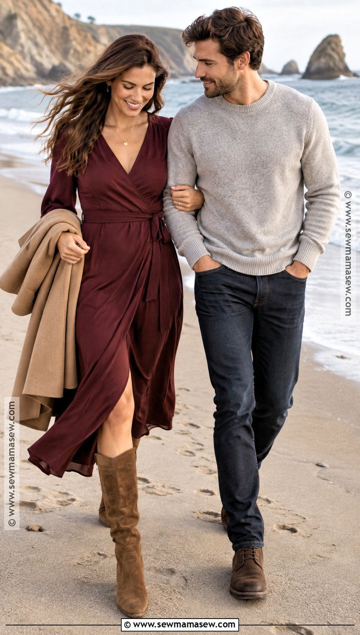 Burgundy Wrap Dress Fall Beach Engagement Outfit - 15 fall beach engagement photos outfit ideas