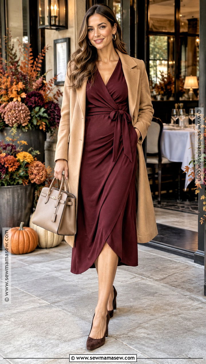 Burgundy Wrap Dress Fall Bridal Shower Outfit - 15 bridal shower fall outfit ideas