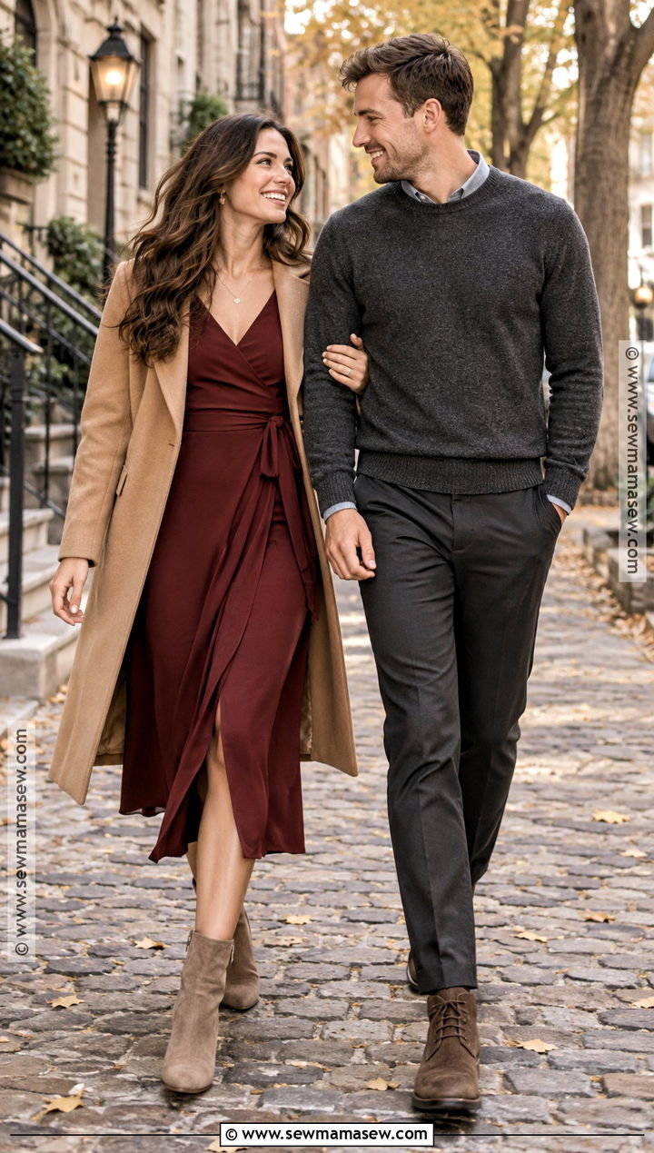 Burgundy Wrap Dress Fall Engagement Outfit - 15 fall engagement photoshoot outfits