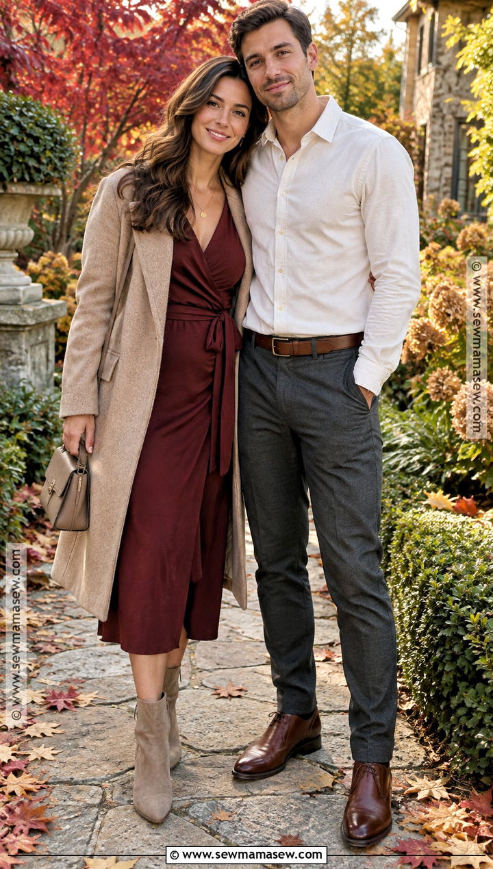 Burgundy Wrap Dress Fall Engagement Outfit - 20 engagement photos fall outfit ideas